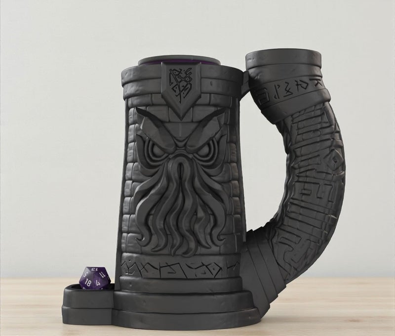 Gallery of Drip Eldritch Dice Tower & Drink Holder – Cthulhu DND Accessory, Lovecraft Dice Roller Mug, Fantasy RPG Tabletop Decor, Dungeons and Dragons Gift for DM, TTRPG (Obsidian Black, Standard 12oz Cans) - Image 3